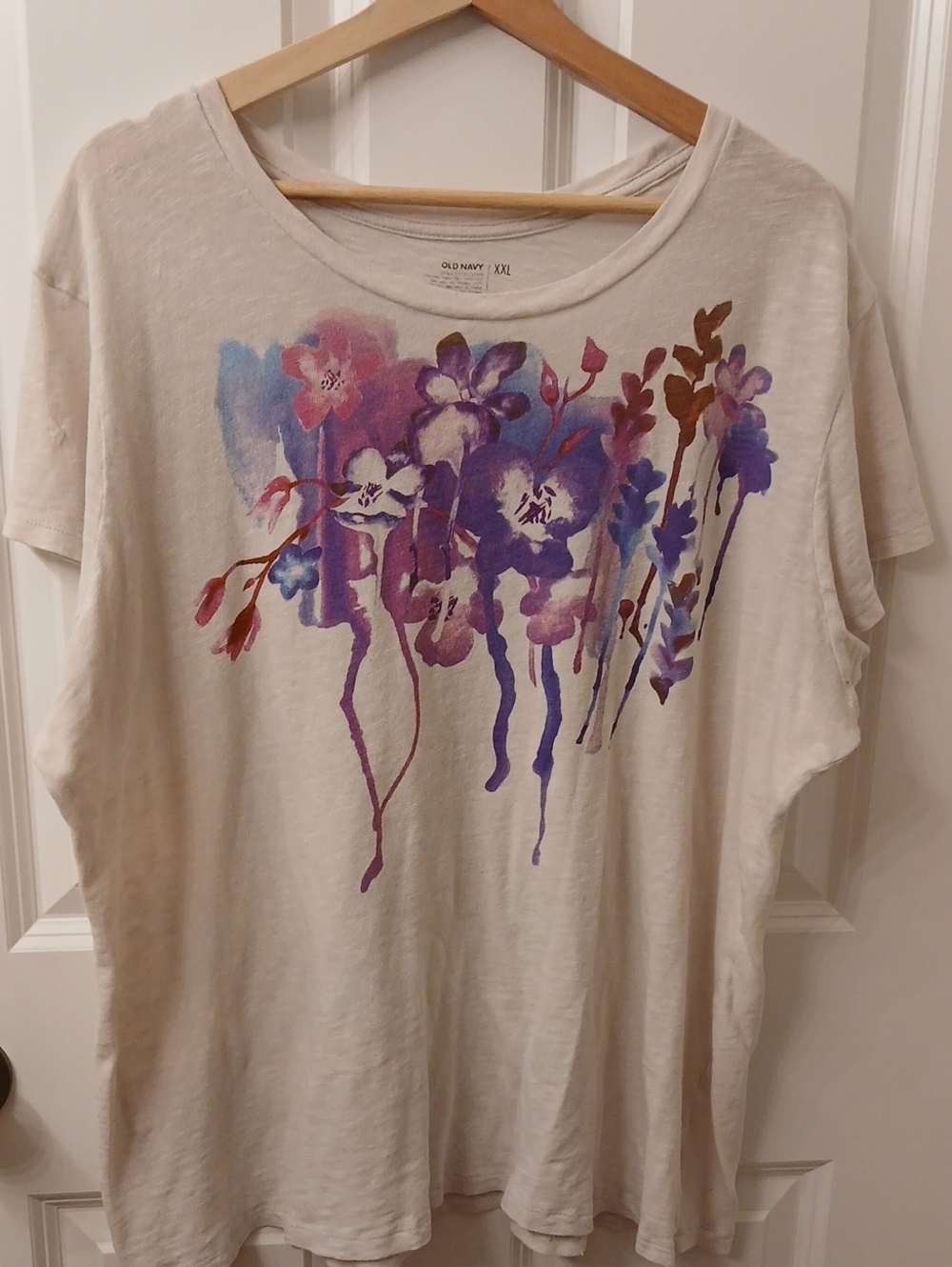Old Navy Cream Tee with Purple & Blue Watercolor Floral Print